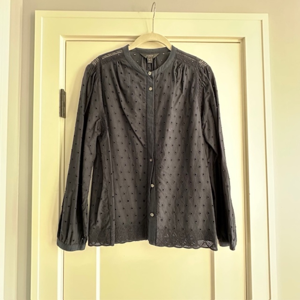 Women's J. Crew Sz L Navy Eyelet Embroidered Blouse-Worn 1x
